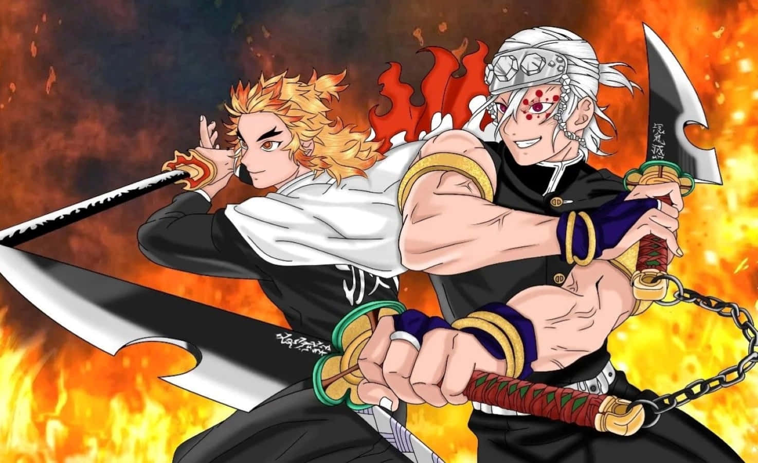 Rengoku And Tengen Posing Together In An Epic Illustration Wallpaper