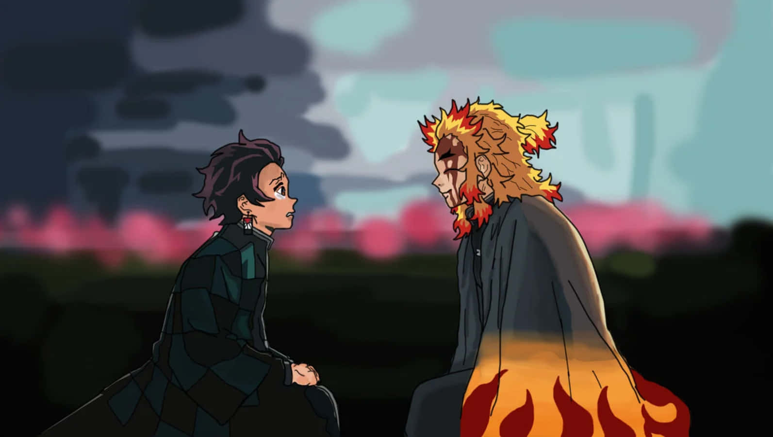 Rengoku Kyojuro And Tanjiro Kamado, Heroes From Demon Slayer, Joining Forces Wallpaper