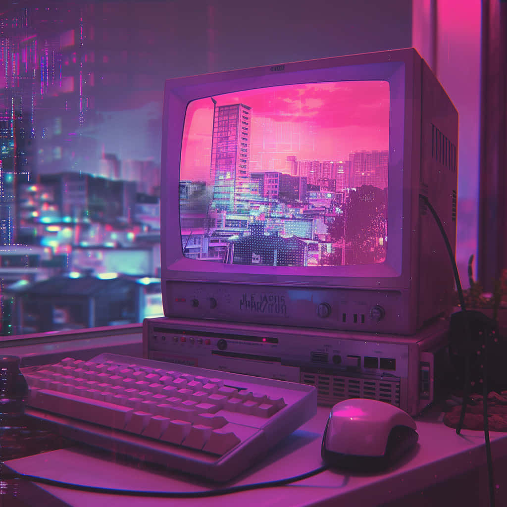 Retro Cyberpunk Computer Setup Wallpaper