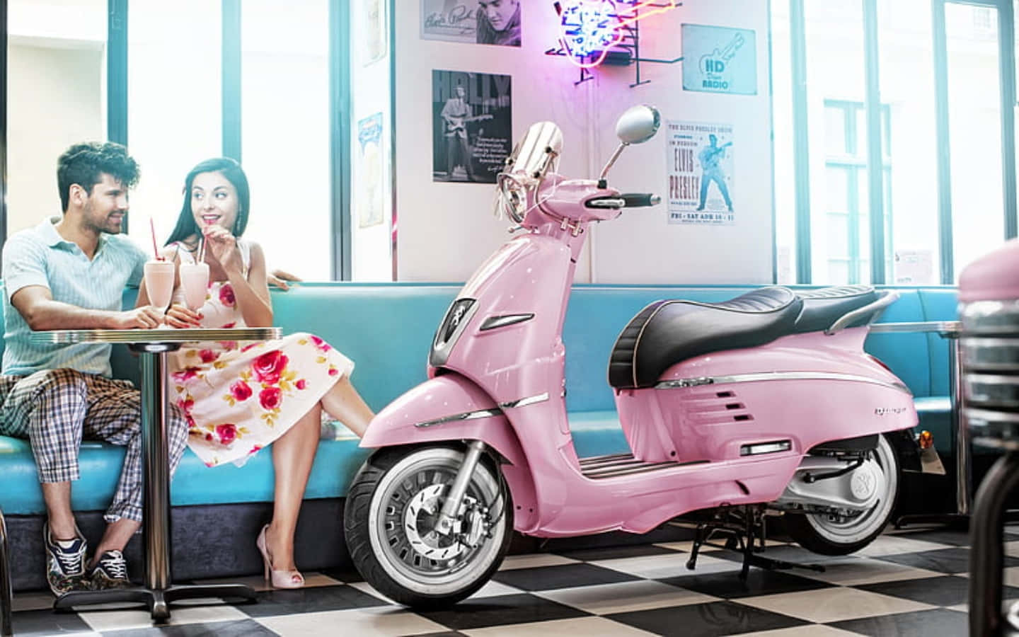 Retro Diner Peugeot Scooter Scene Wallpaper