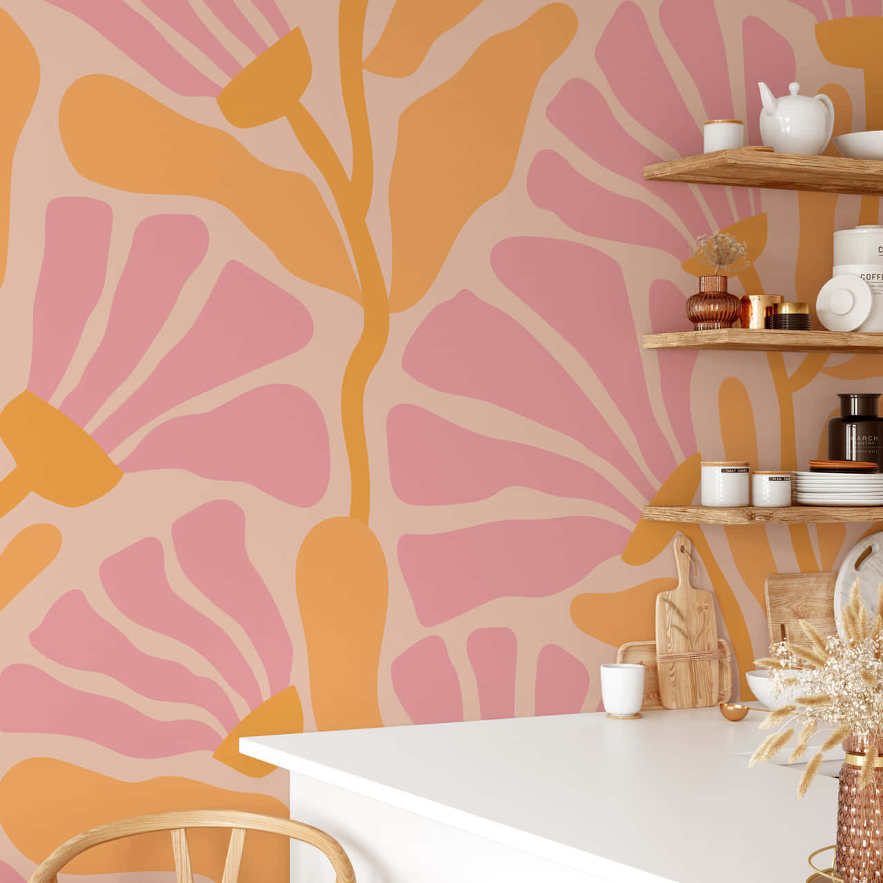 Retro Floral Wallpaper Kitchen Interior Wallpaper