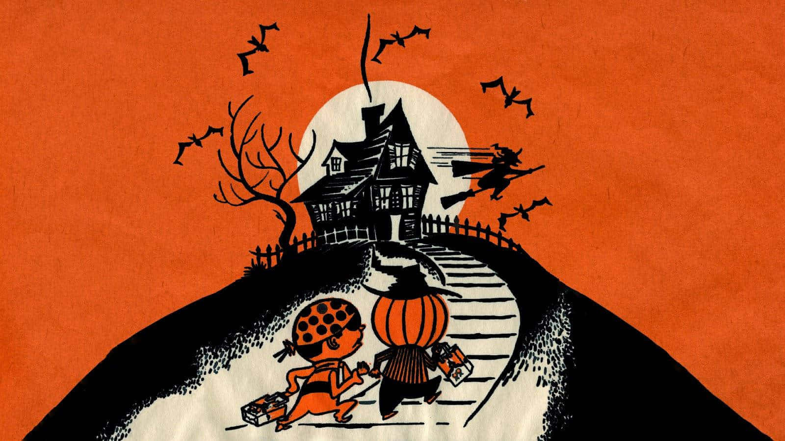 Retro Halloween Haunted House Scene Wallpaper