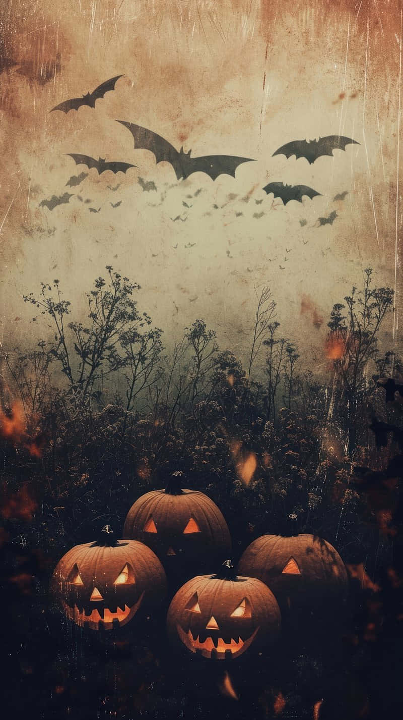 Retro Halloween Pumpkinsand Bats Wallpaper