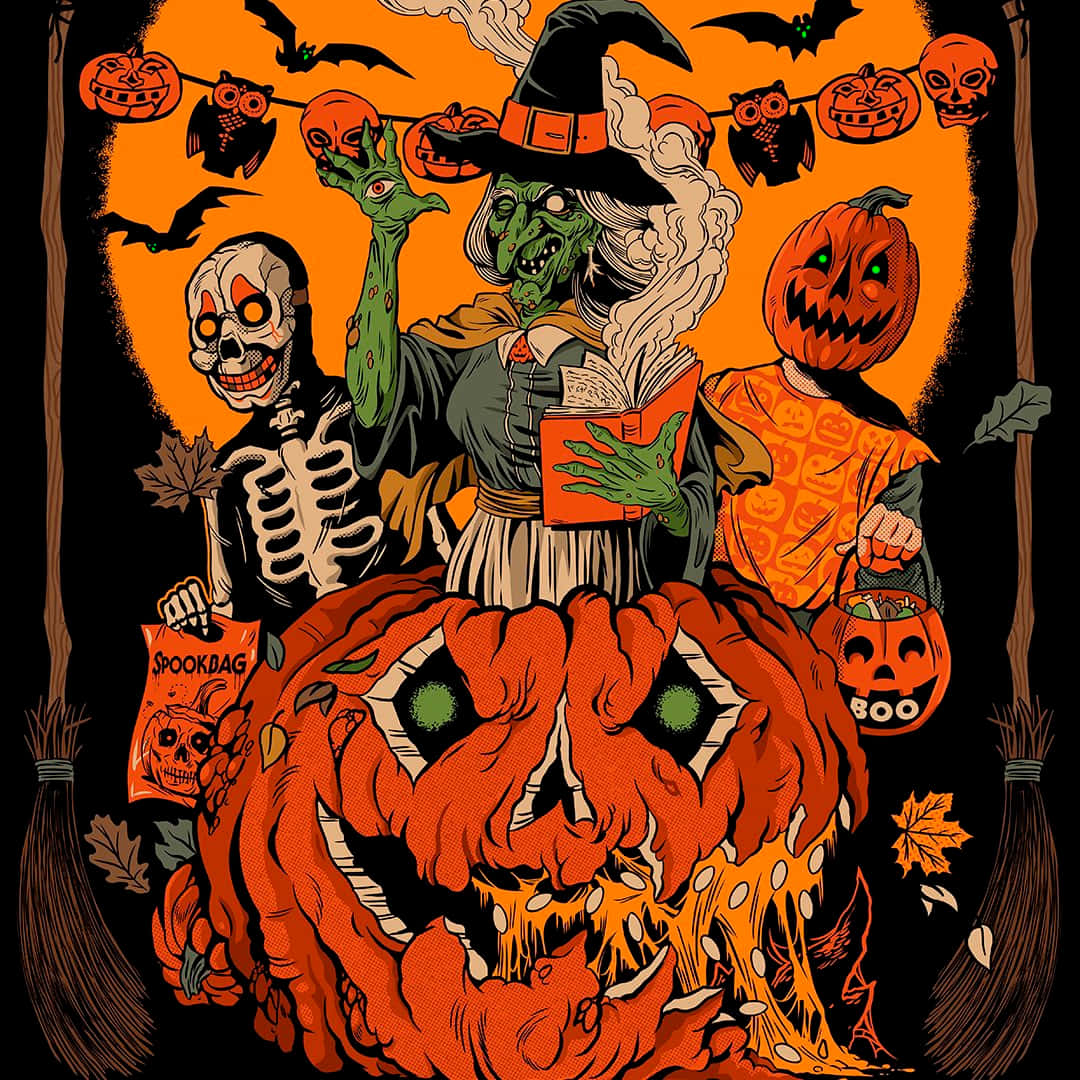 Retro Halloween Witch Skeleton Pumpkin Party Wallpaper