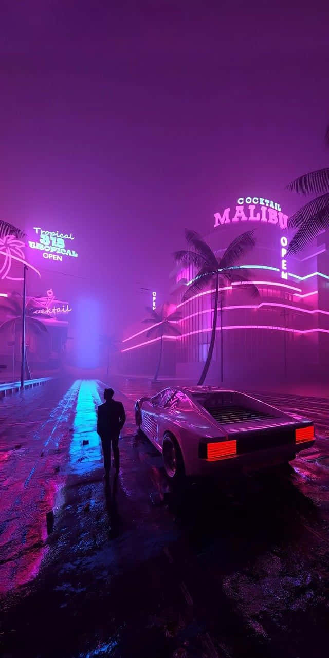 Retro Neon Cityscapewith Sports Carand Pedestrian Wallpaper