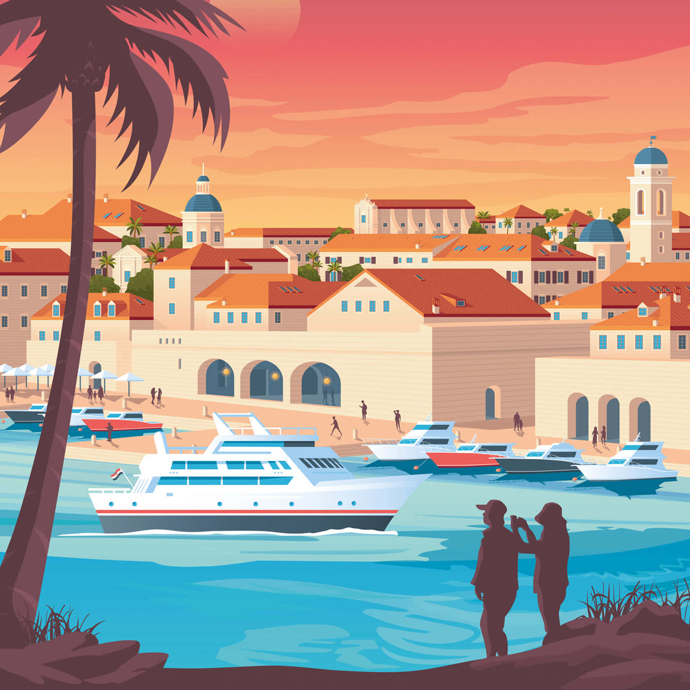 Retro Seaside Town Sunset Wallpaper