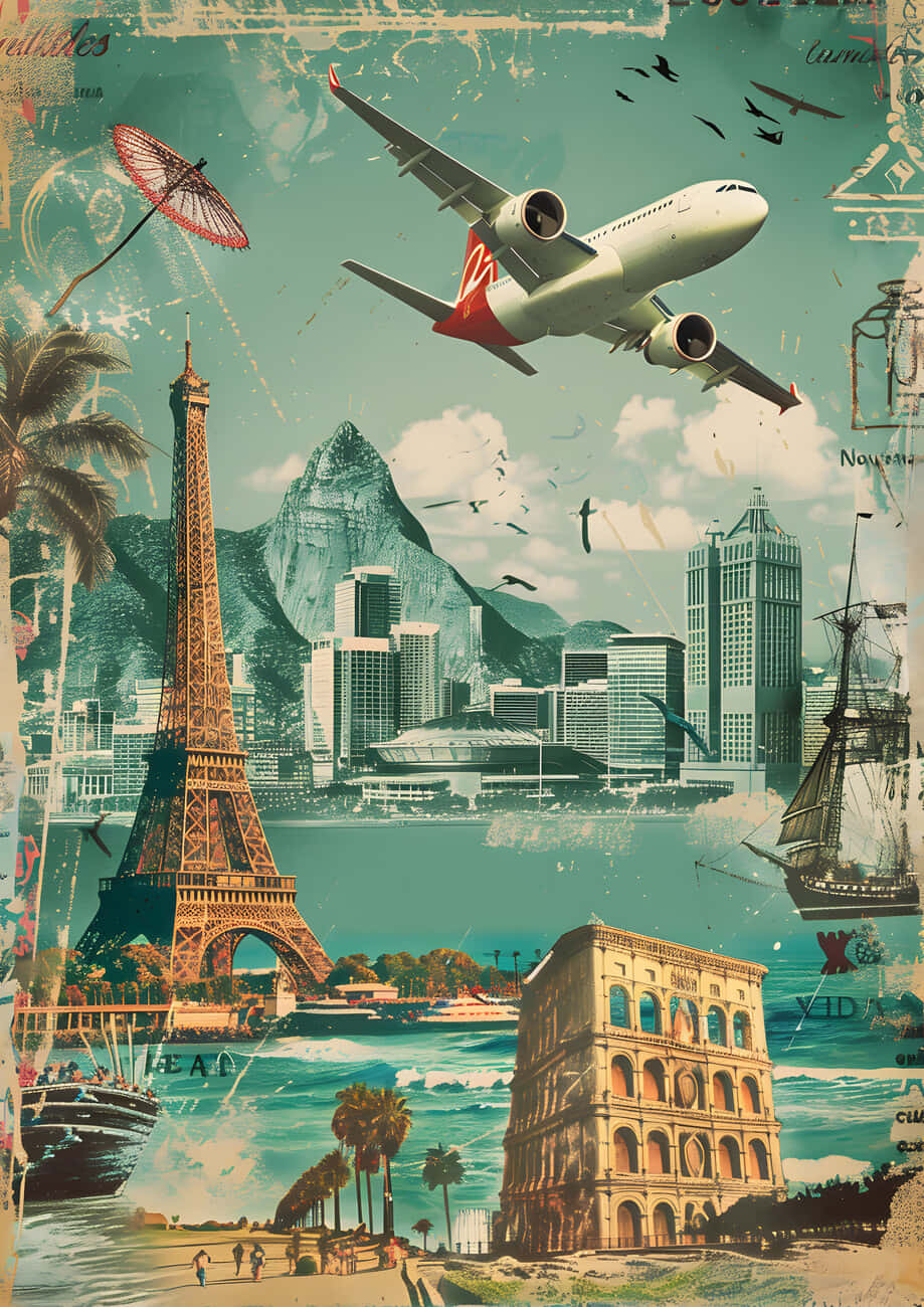 Retro World Travel Collage Poster Wallpaper