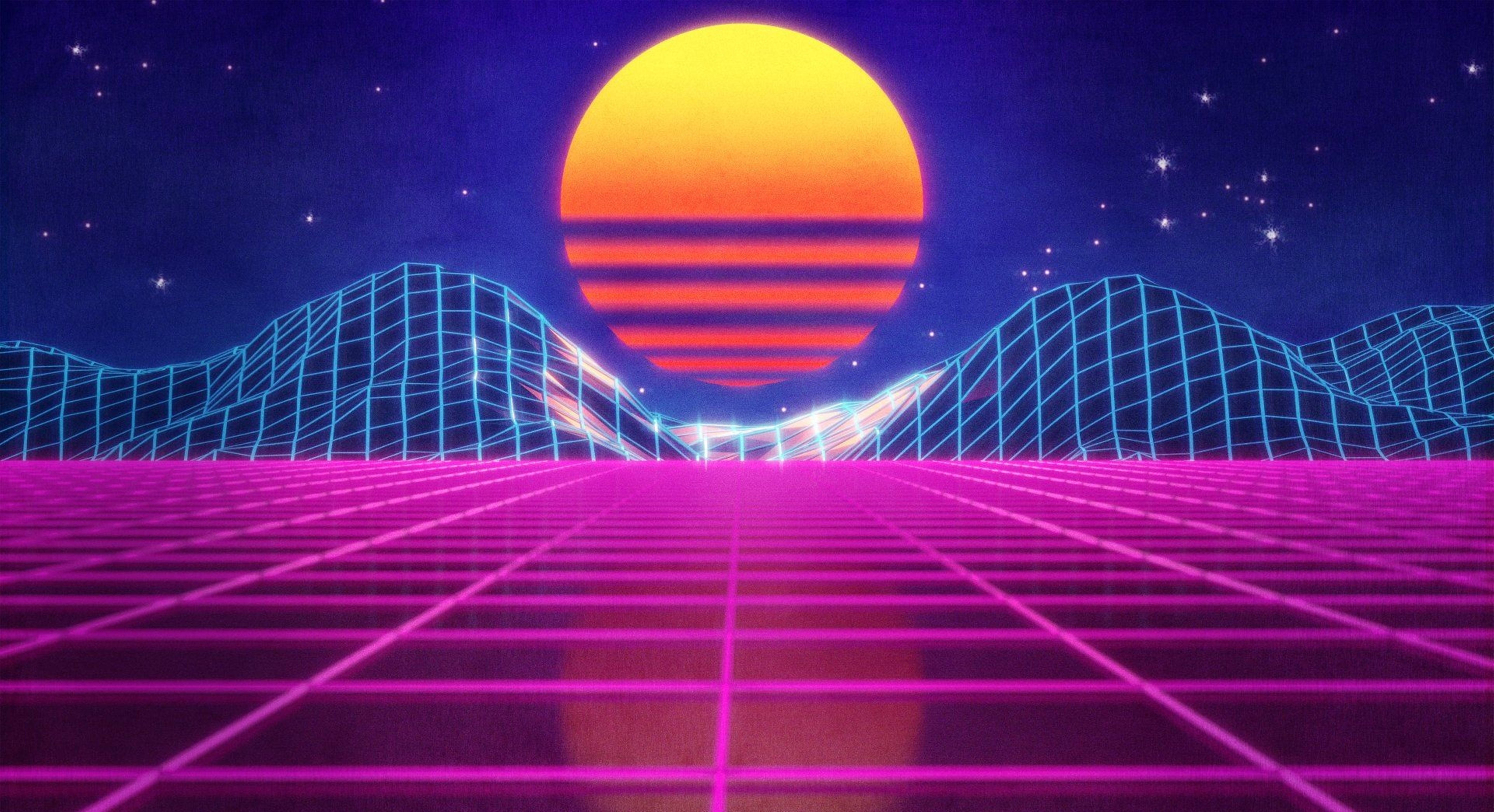 Retrowave Neon Grid Field And Mountain 4k Wallpaper