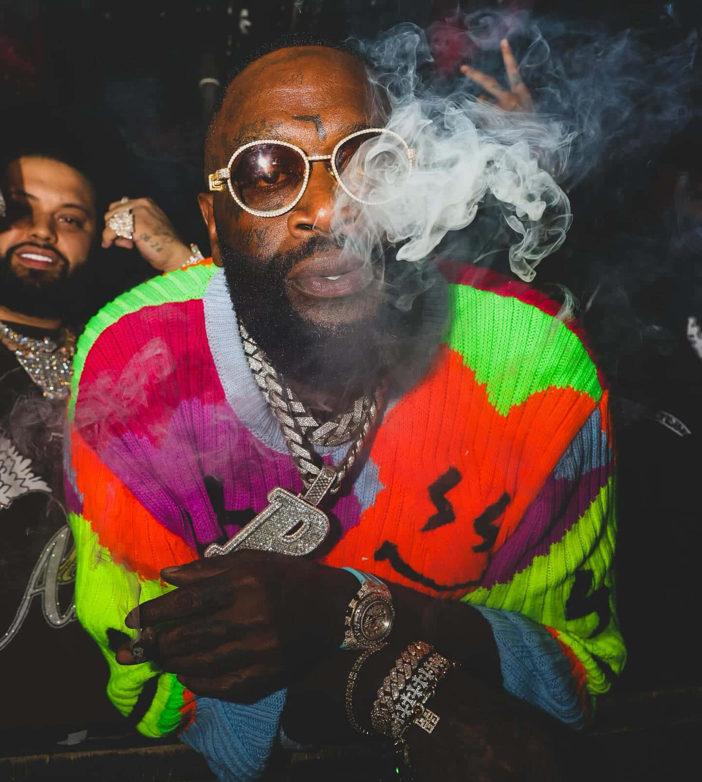 Rick Ross Colorful Sweater Smoking Wallpaper