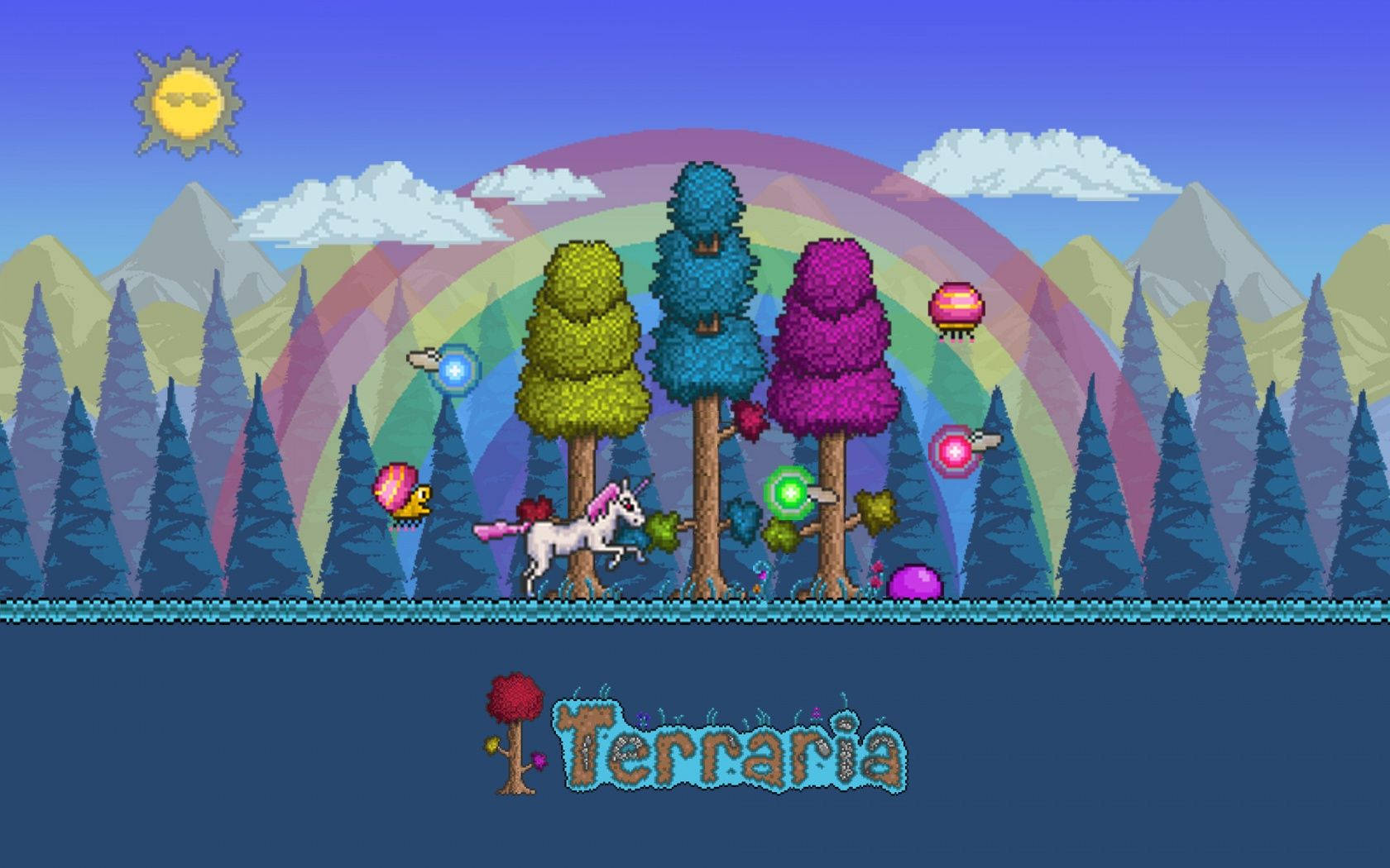 Ride The Magical Rainbow With The Hallow Unicorn In Terraria Wallpaper