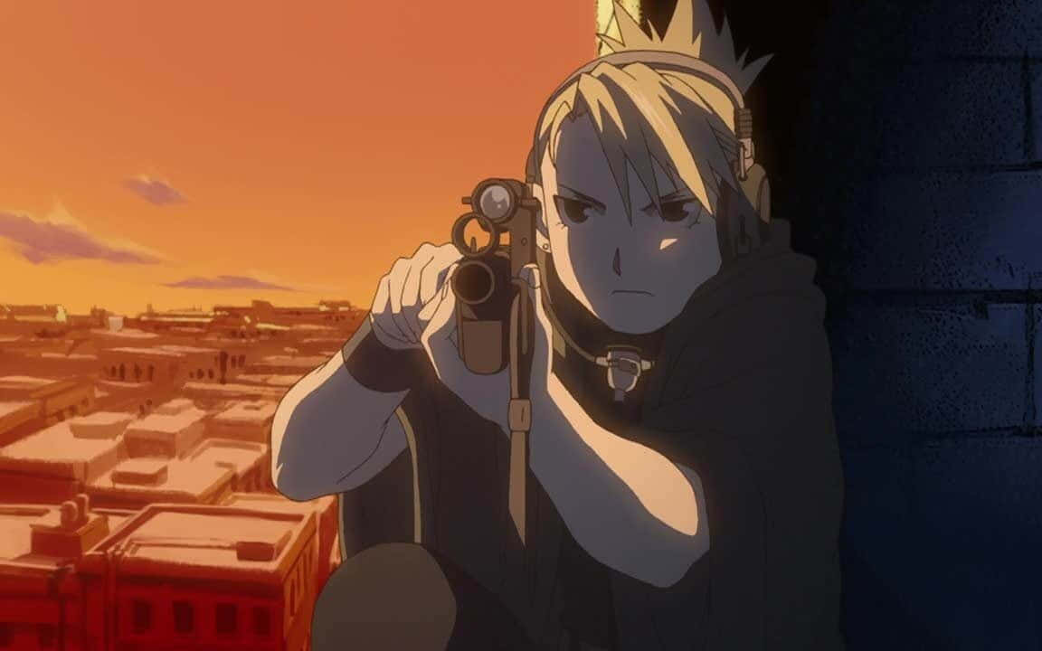 Riza Hawkeye Pointing Her Gun With Determination Wallpaper