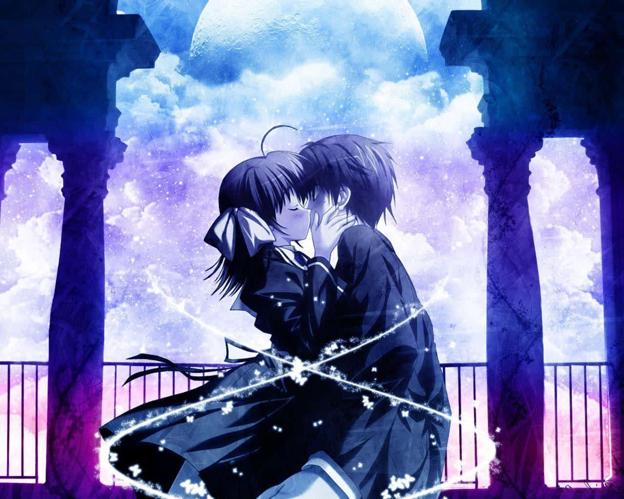 Romance Anime Couple Kissing Against Cloud Wallpaper