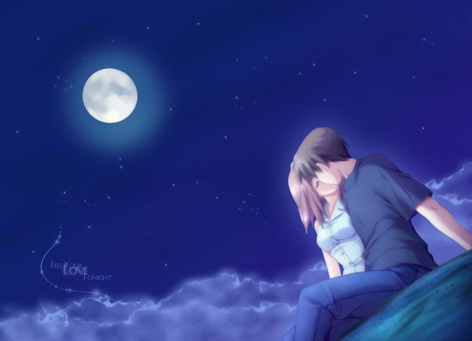 Romance Anime Couple Kissing With Moon Wallpaper