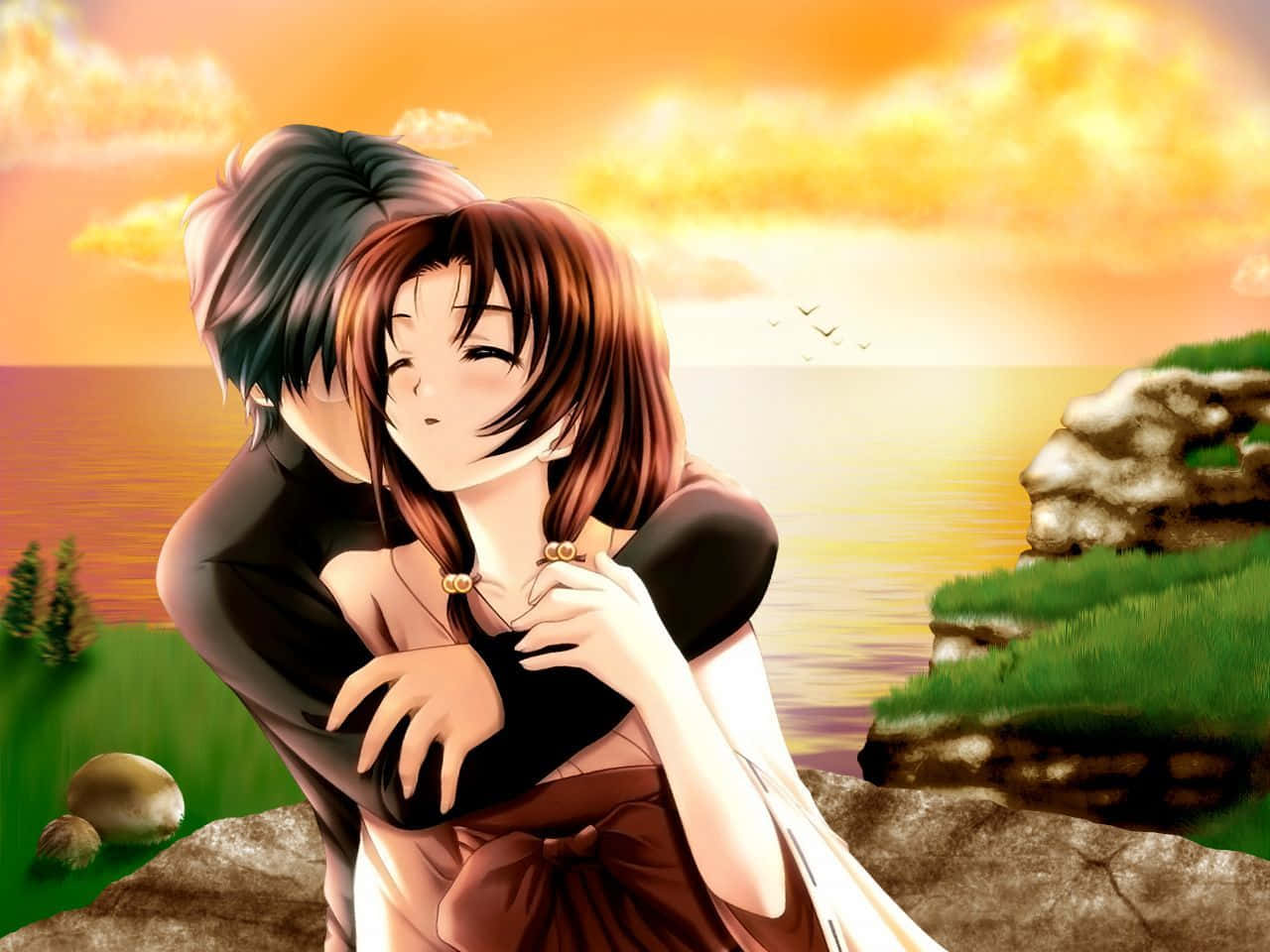 Romance Anime Couple Sunset Sky Wallpaper