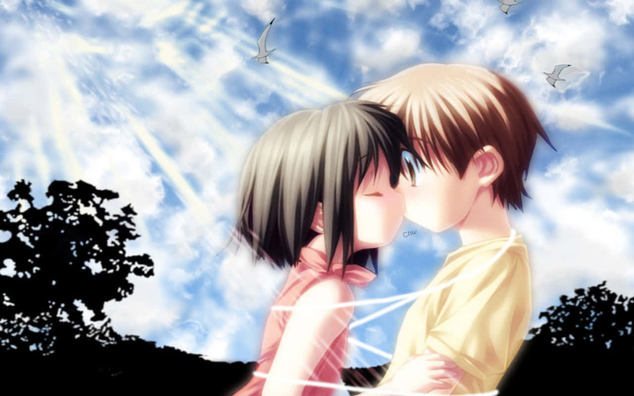 Romance Anime Young Couple Kissing Wallpaper