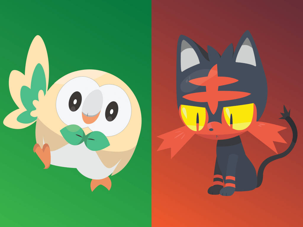 Rowlet Green Litten Red Wallpaper