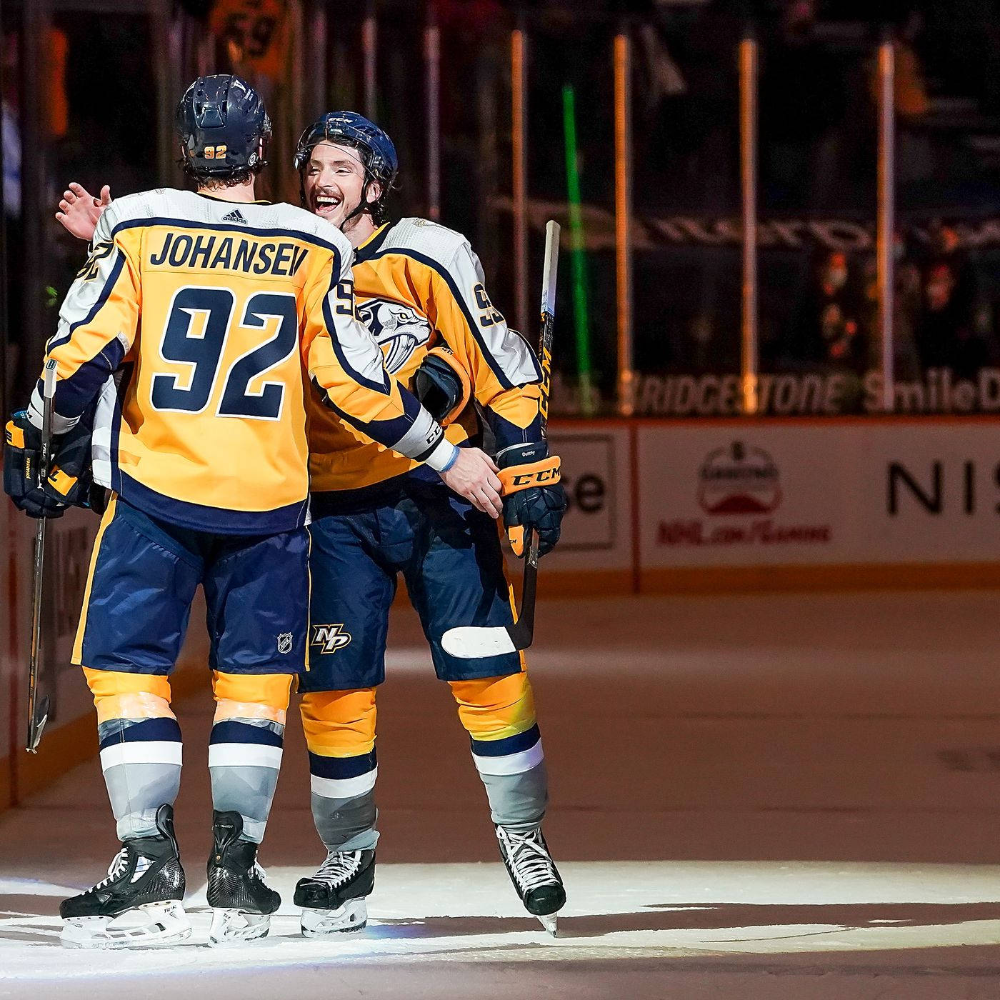 Ryan Johansen And Matt Duchene Celebrating A Win Wallpaper