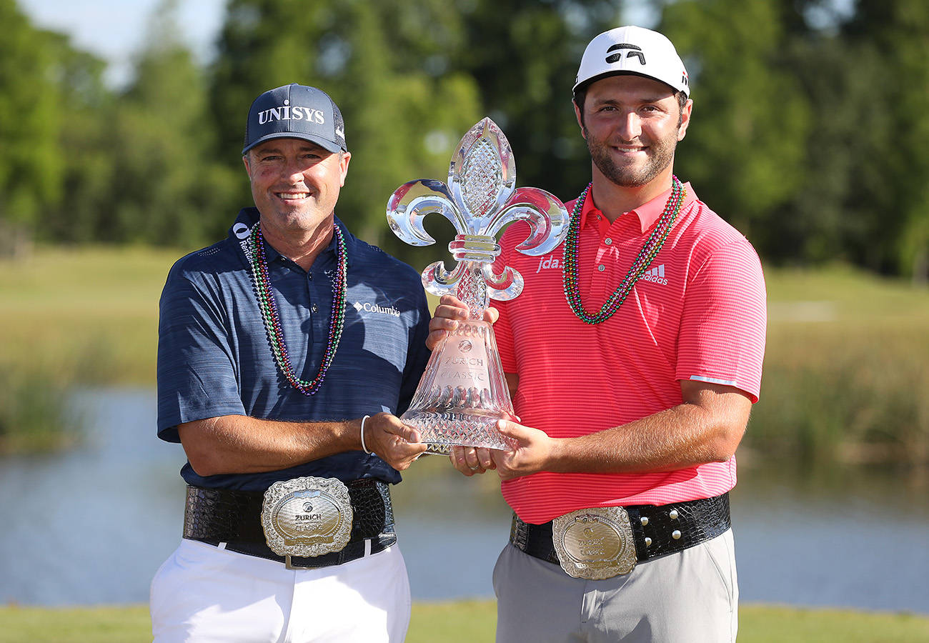 Ryan Palmer Holding Trophy Jon Rahm Wallpaper