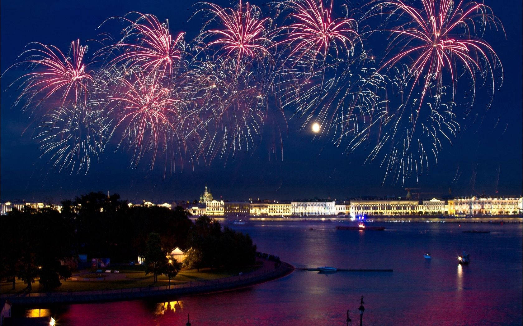 Sailing Under Pink Fireworks Wallpaper