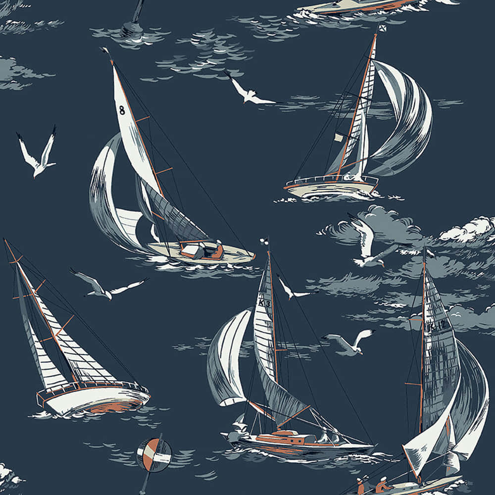 Sailing Vessels Seagulls Pattern Wallpaper