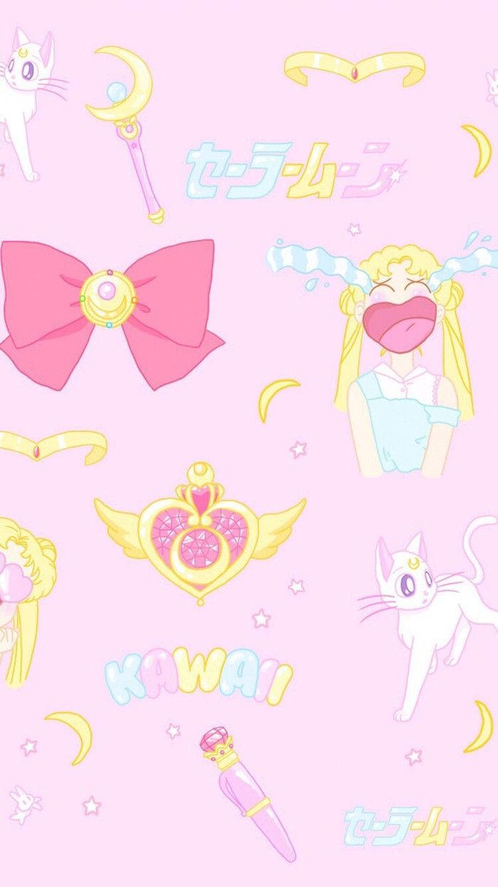 Sailor Moon Elements On Kawaii Pink Background Wallpaper