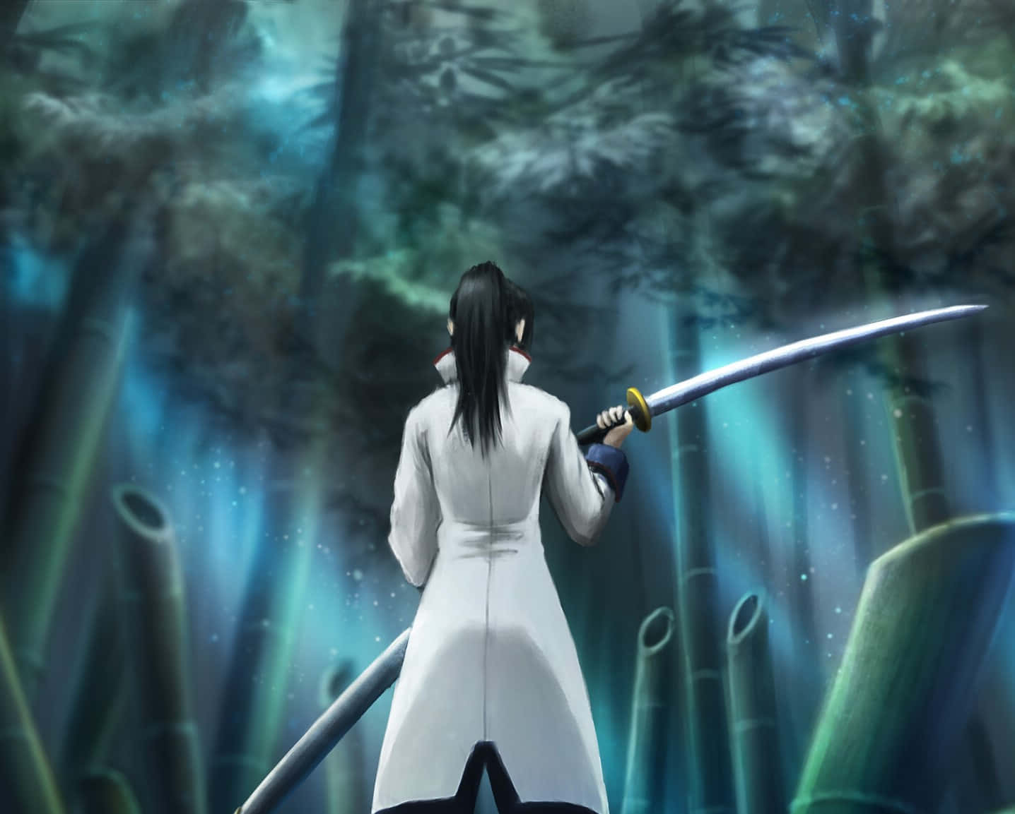 Samurai Standingin Forest Light Rays Wallpaper