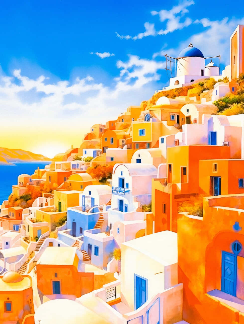 Santorini Sunset Travel Poster Wallpaper