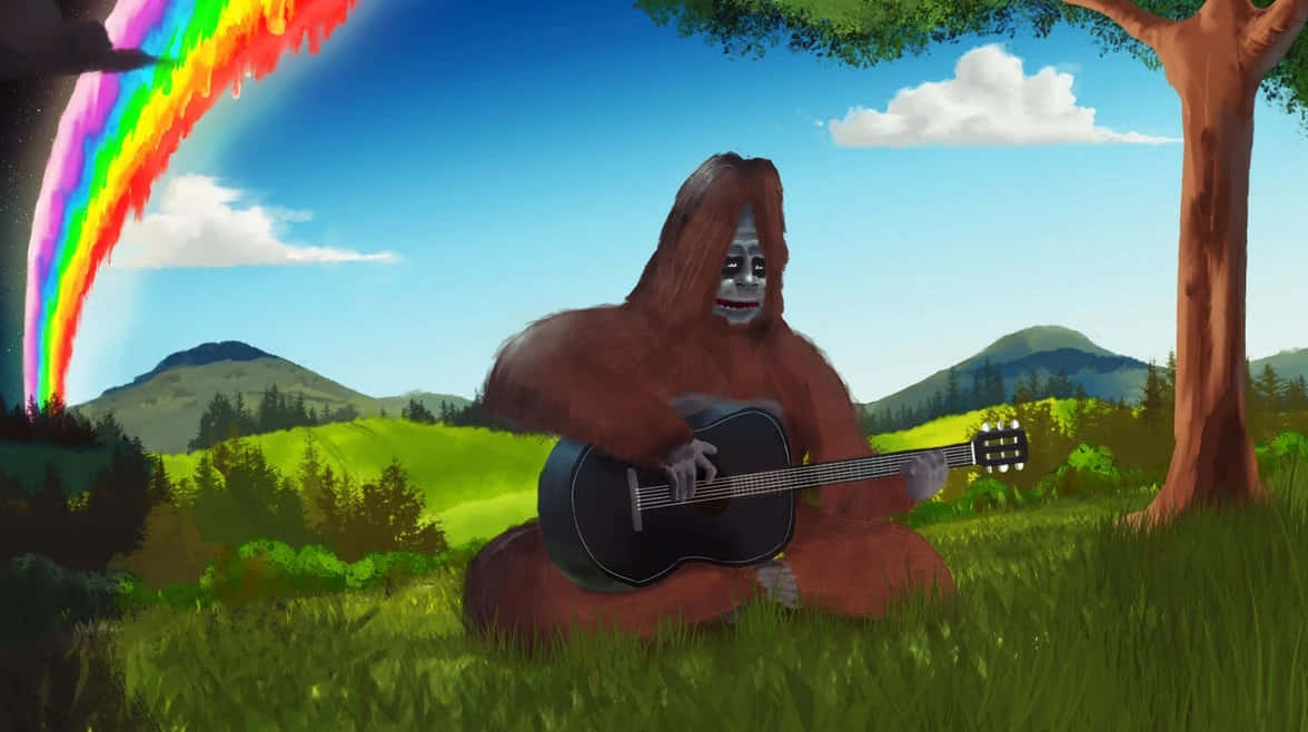 Sasquatch Playing Guitar Under Rainbow Wallpaper