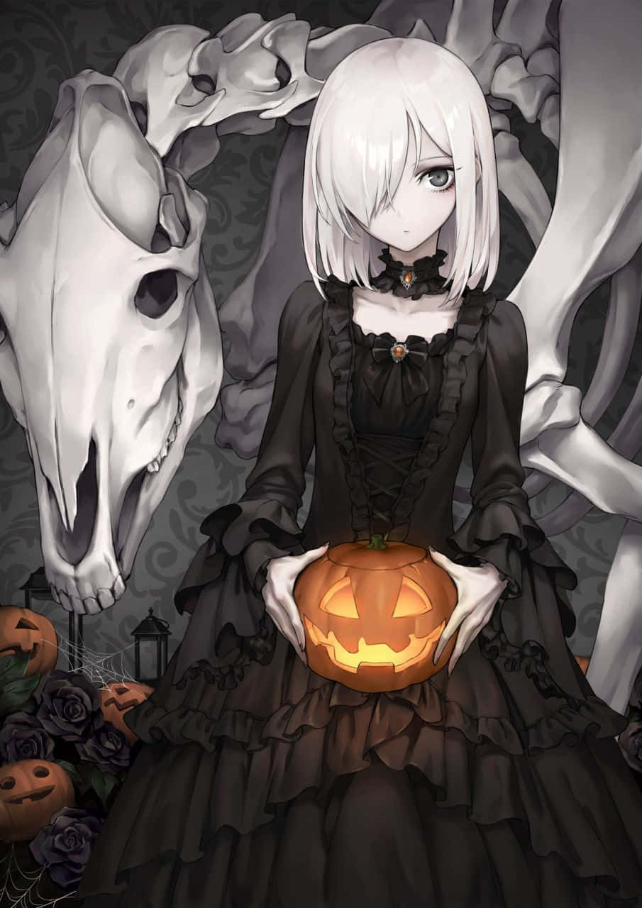 Scary Anime Girl Holding A Pumpkin Wallpaper