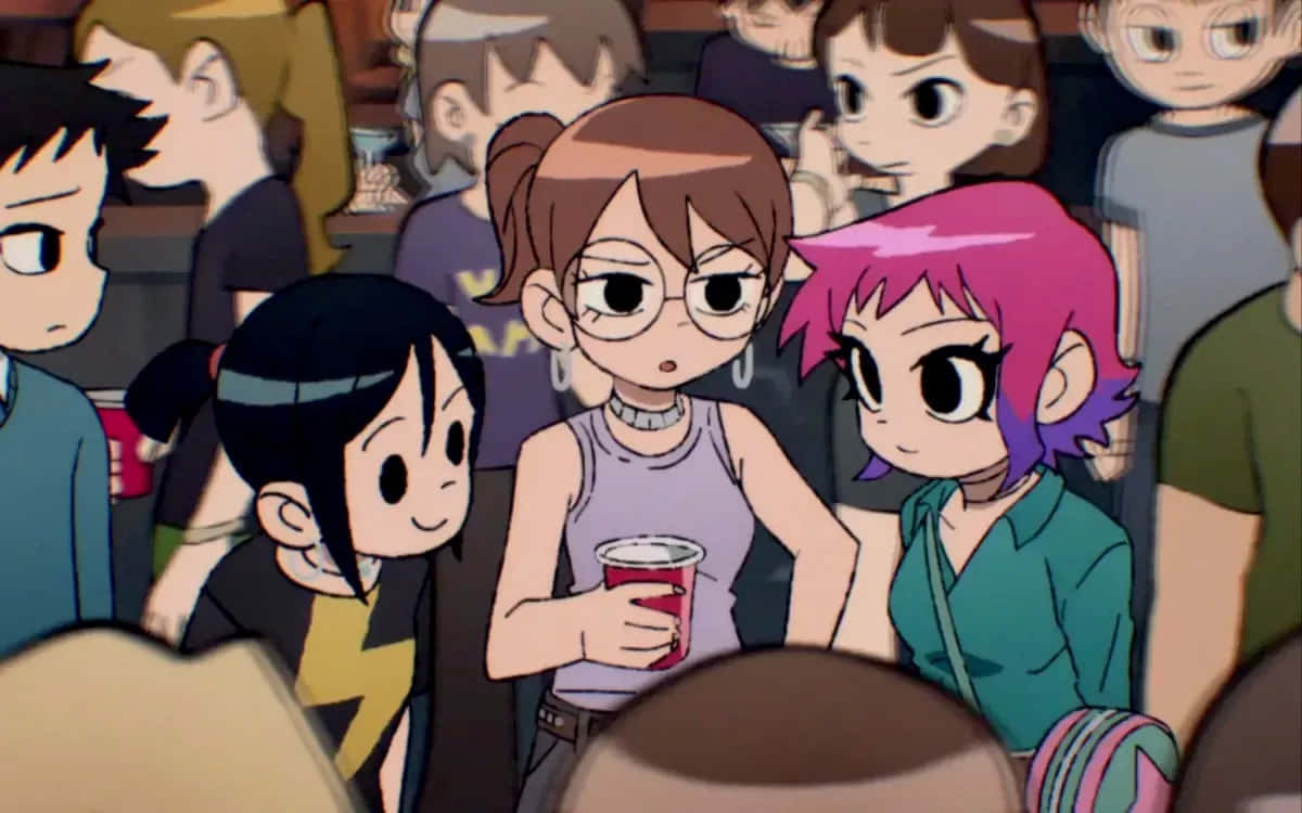 Scott Pilgrim Animated Characters Party Scene Wallpaper