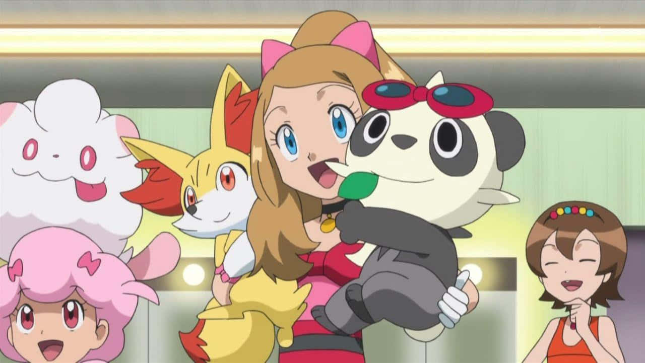 Serena Carrying Pancham And Fennekin Wallpaper