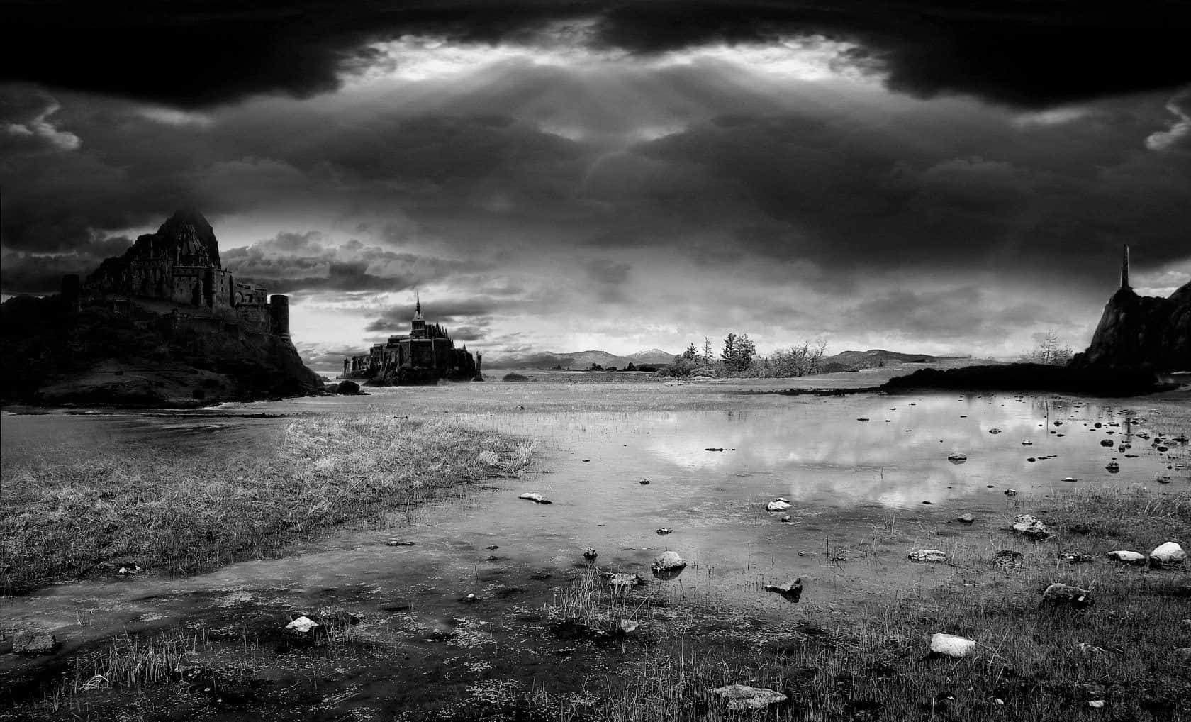 Serene Black And White Landscape With Reflections On Water Wallpaper