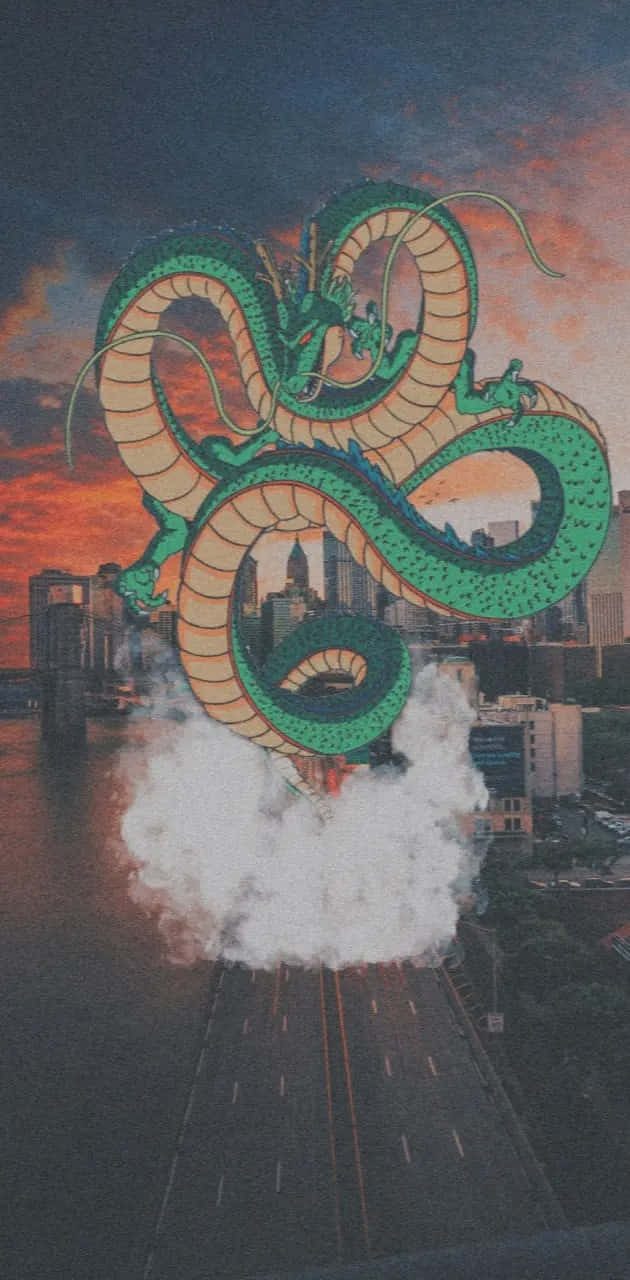 Shenron Awakening Over Cityscape.jpg Wallpaper