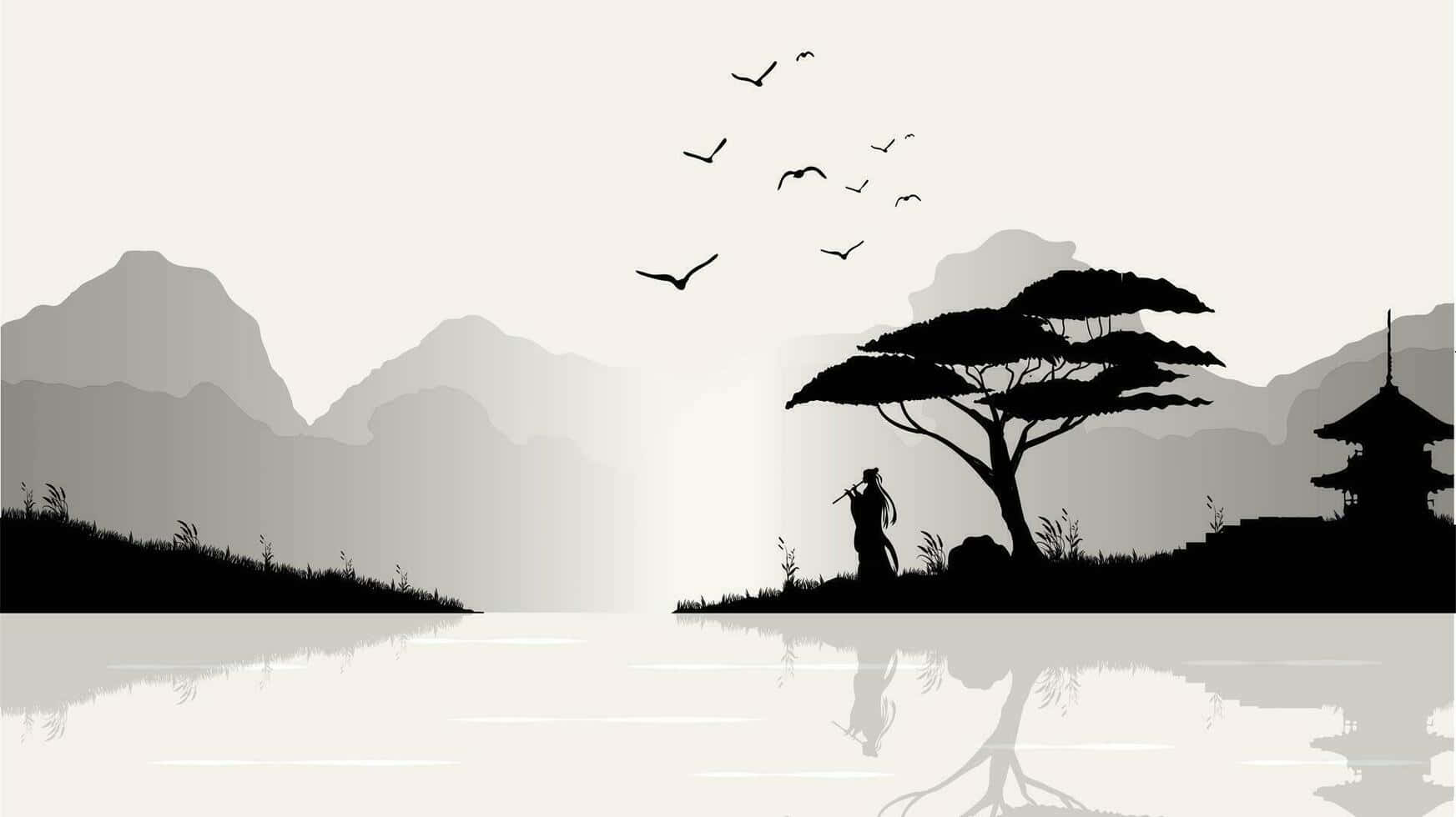 Silhouette Samurai Nature Scene Wallpaper