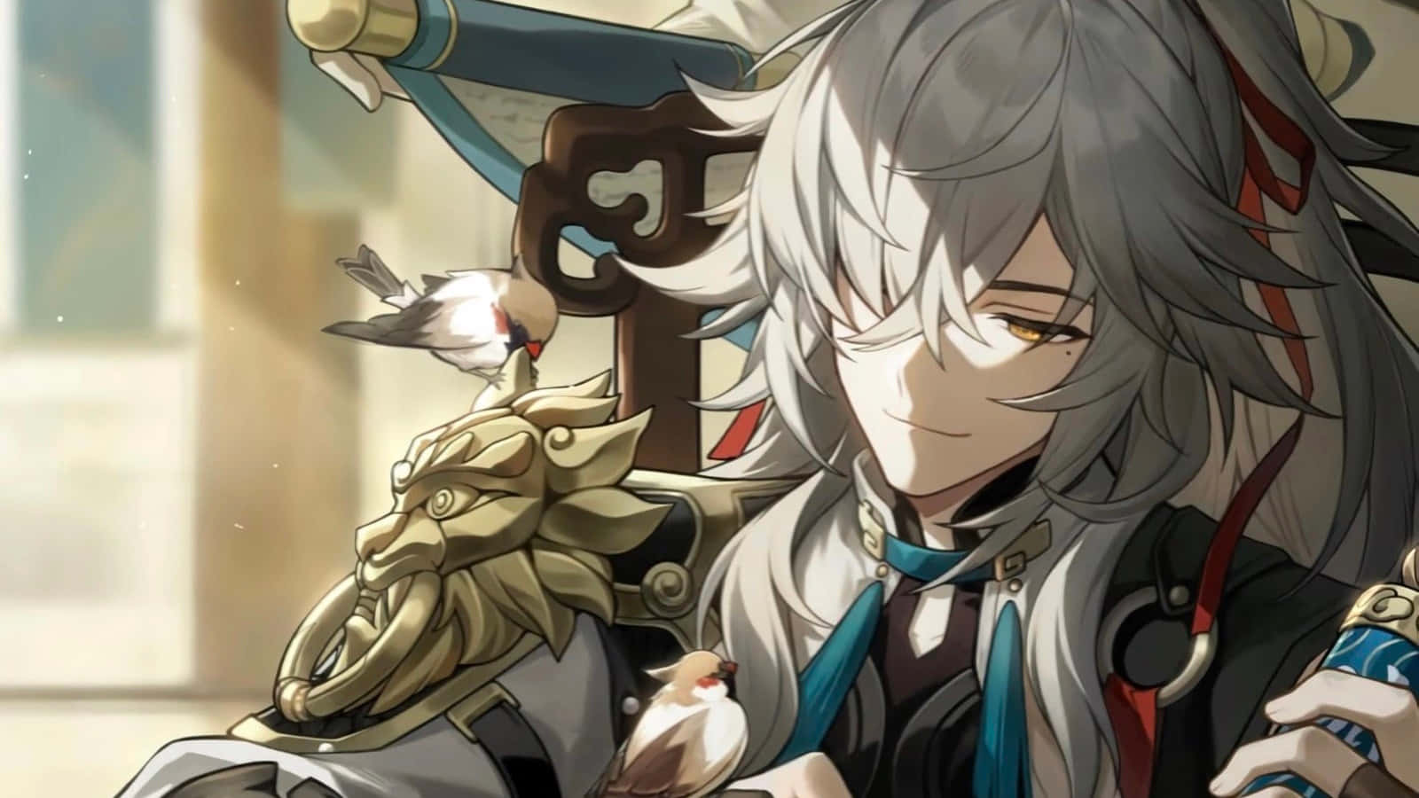 Silver Haired Characterwith Birds Wallpaper