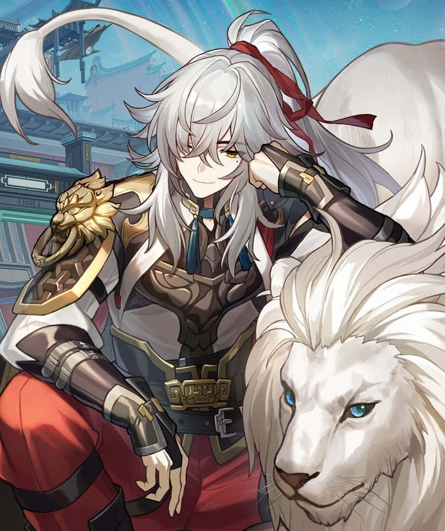 Silver Haired Warrior With White Lion Wallpaper