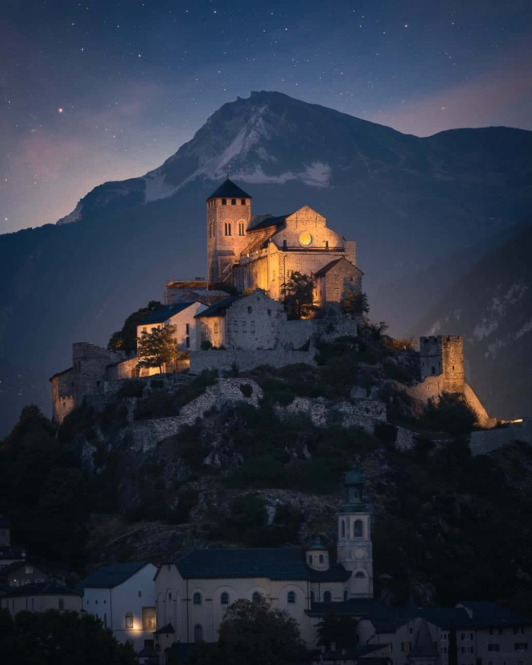 Sion Castle Twilight View Switzerland Wallpaper