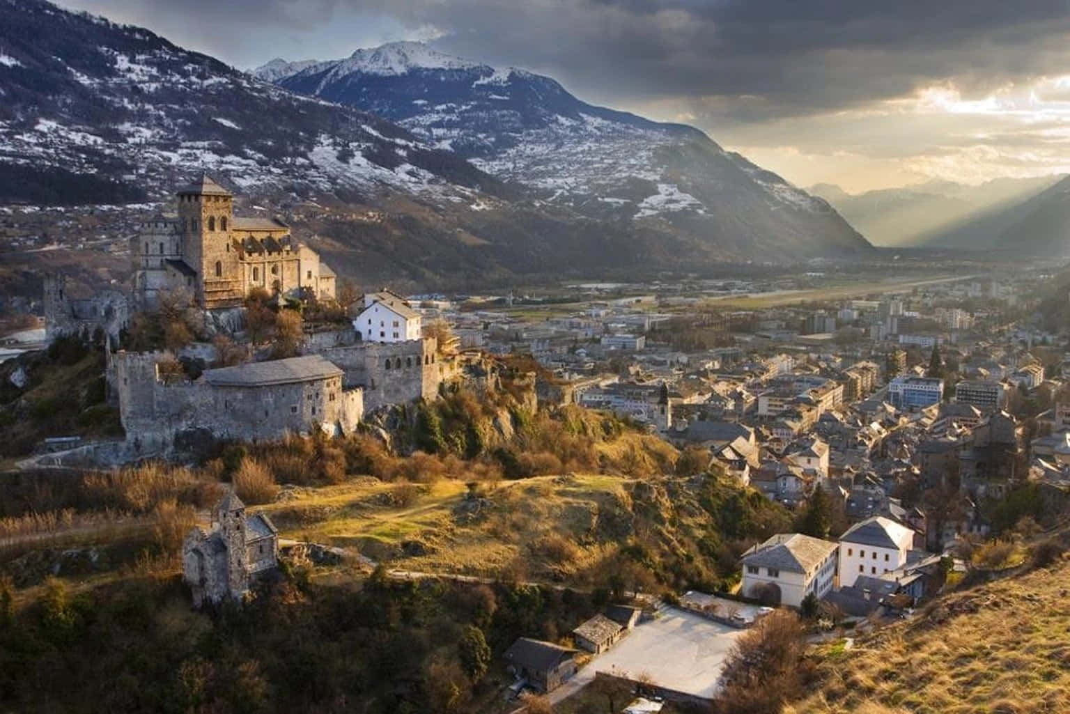 Sion Switzerland Historic Castles Overlooking Cityscape Wallpaper