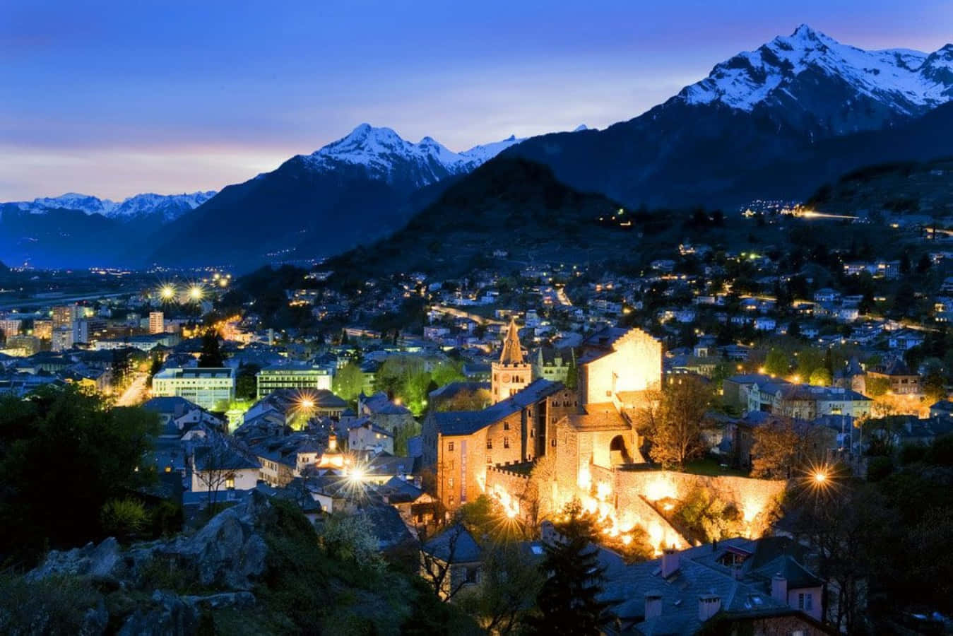 Sion Switzerland Twilight View Wallpaper