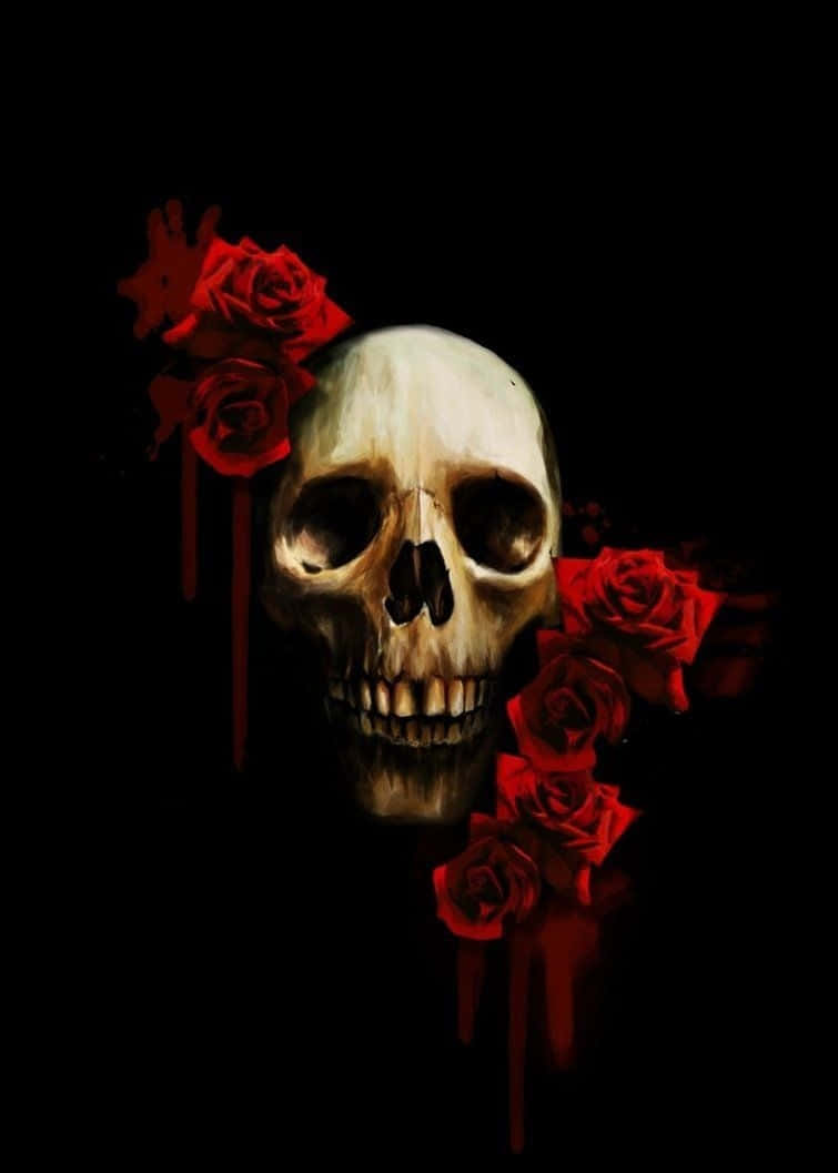 Skull With Roses And Blood On A Black Background Wallpaper