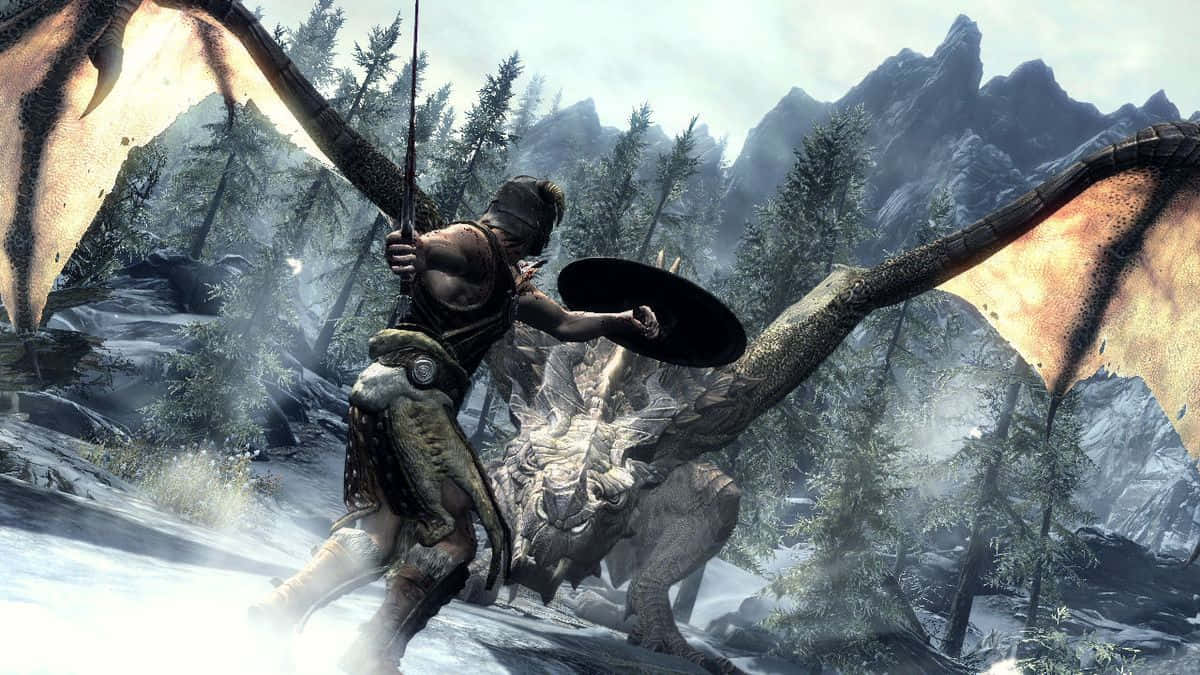 Skyrim Dragon Fight Warrior Wallpaper