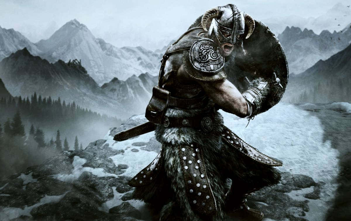 Skyrim Warrior Overlooking Mountains Wallpaper