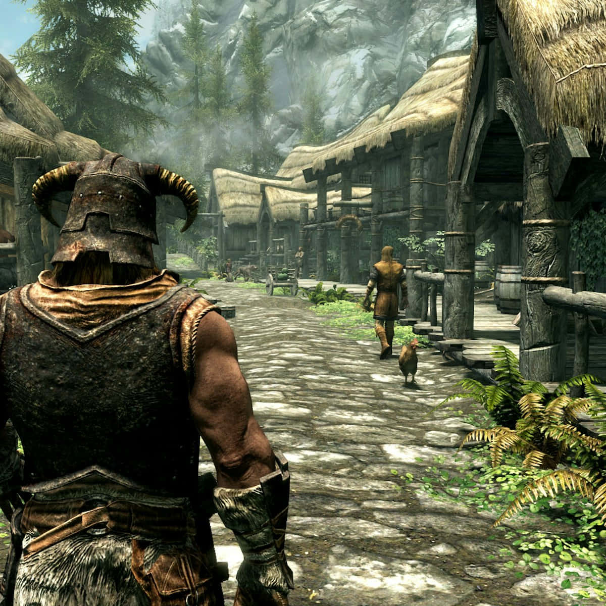 Skyrim Warriorin Riverwood Village Wallpaper