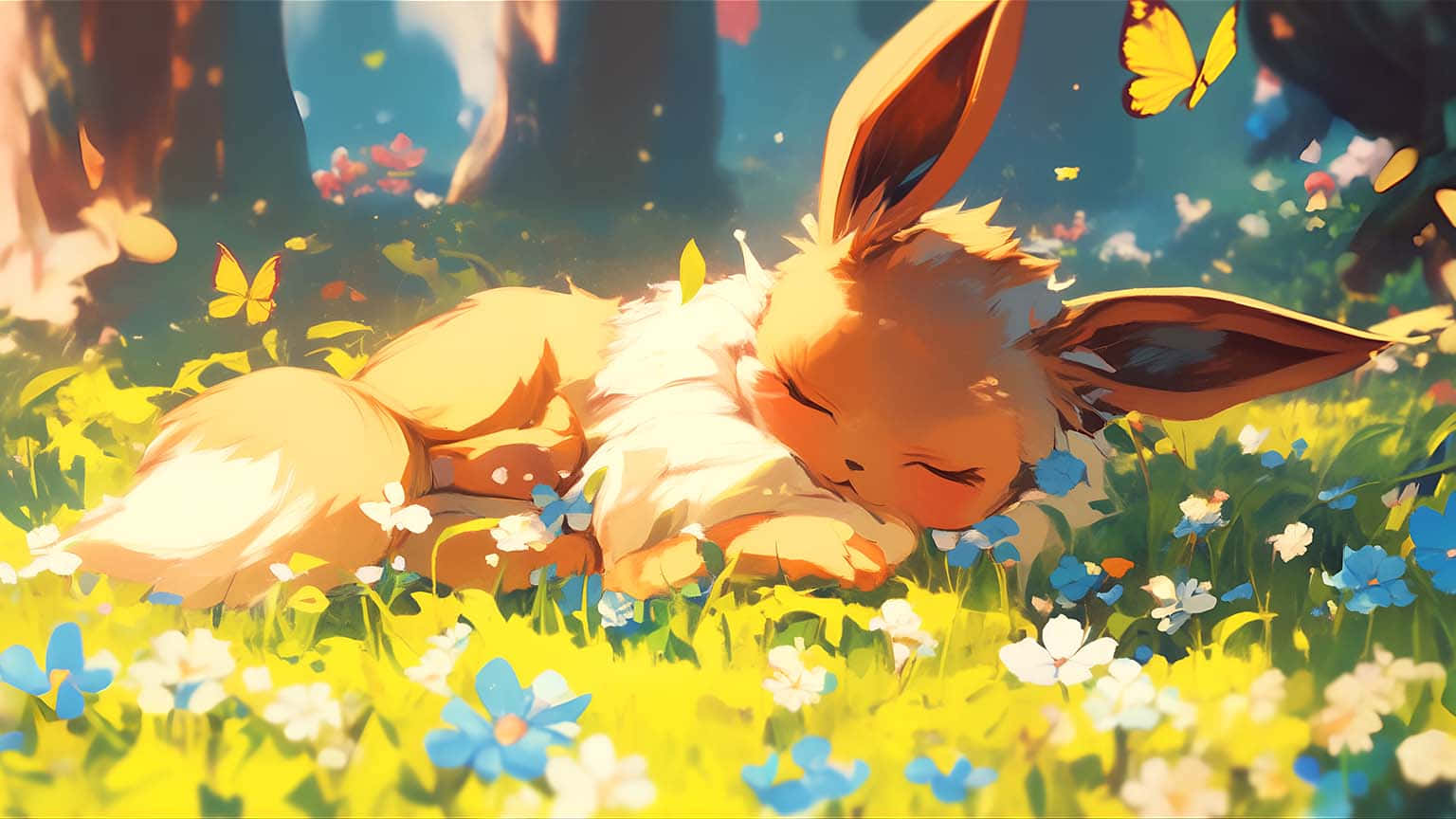 Sleeping Eeveein Flower Meadow Wallpaper