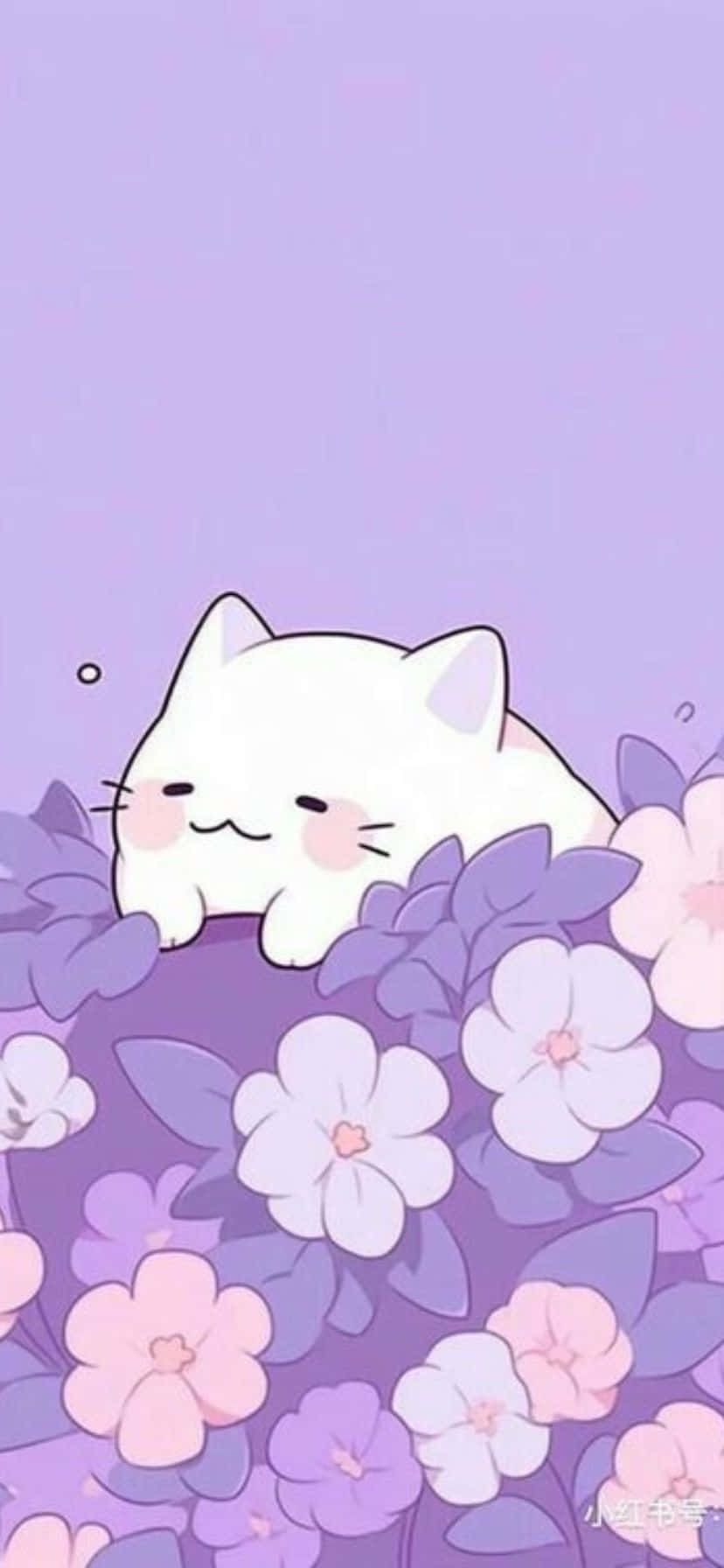 Sleeping White Cat Purple Flowers Wallpaper