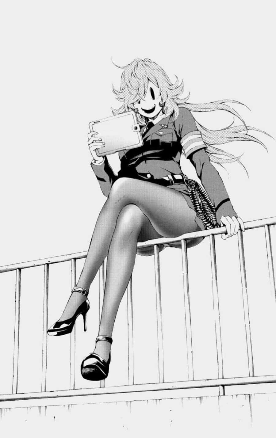 Smiling Anime Girl Sittingon Railing Wallpaper