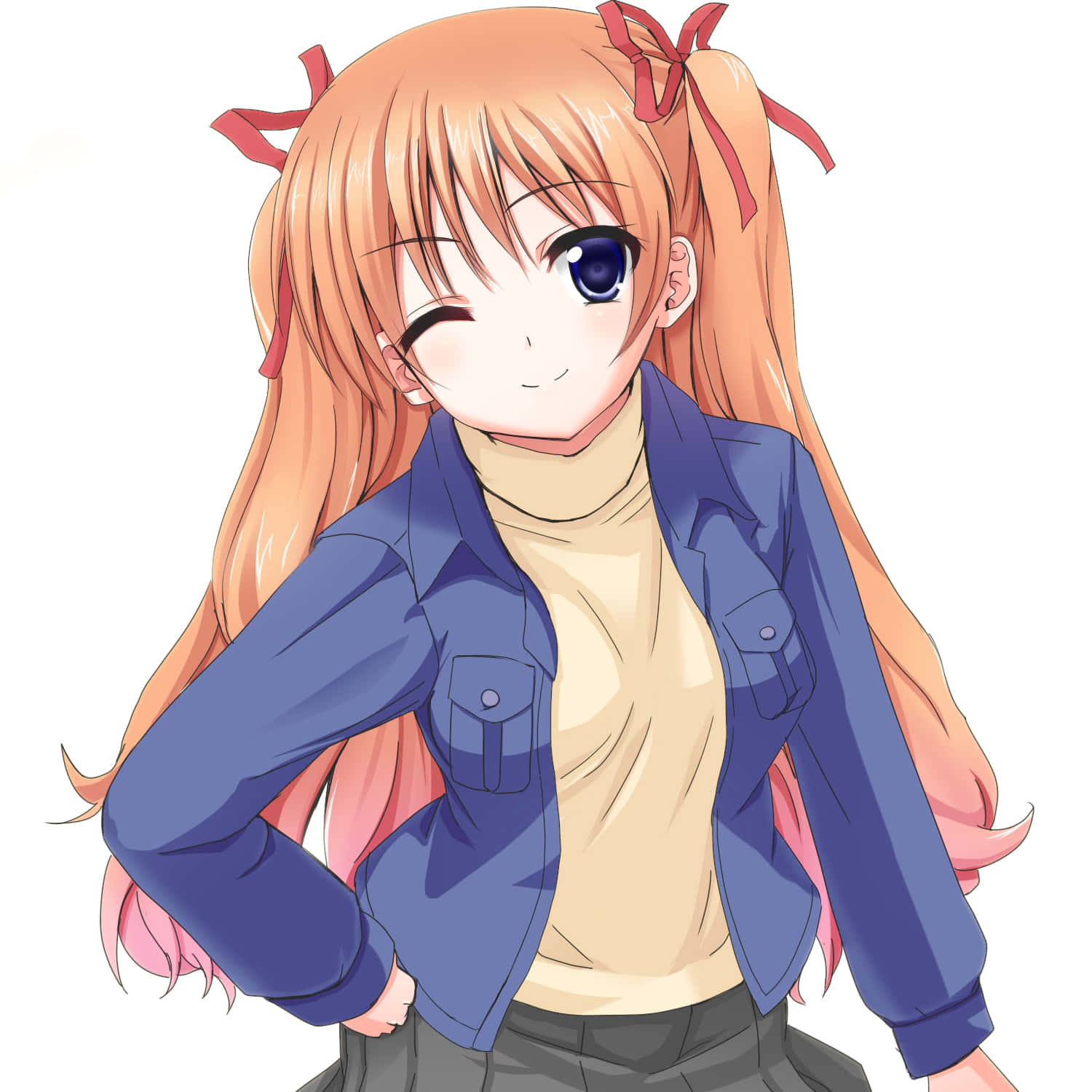 Smiling Anime Girlwith Red Hairand Blue Jacket Wallpaper