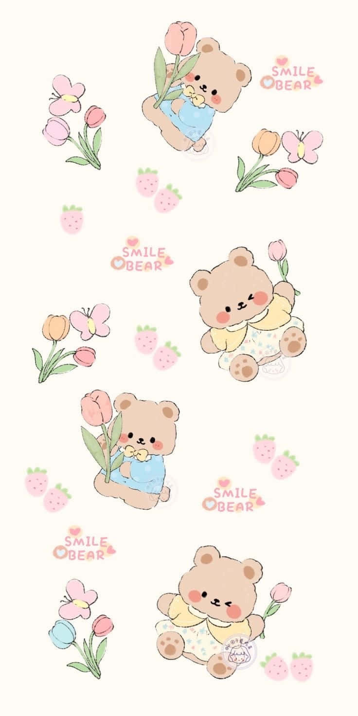 Smiling Bearsand Tulips Pattern Wallpaper