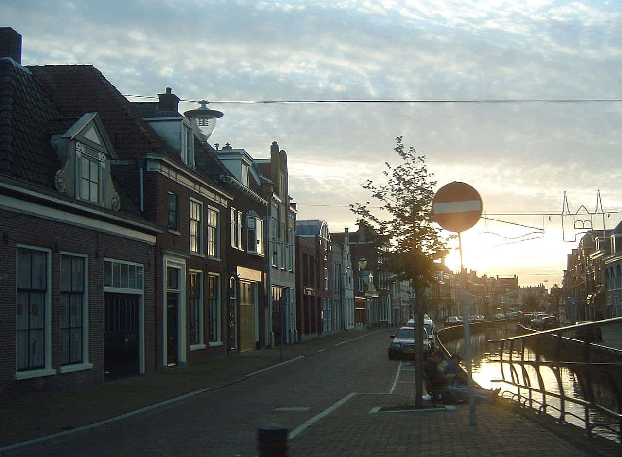 Sneek Netherlands Sunset Canal Street Wallpaper