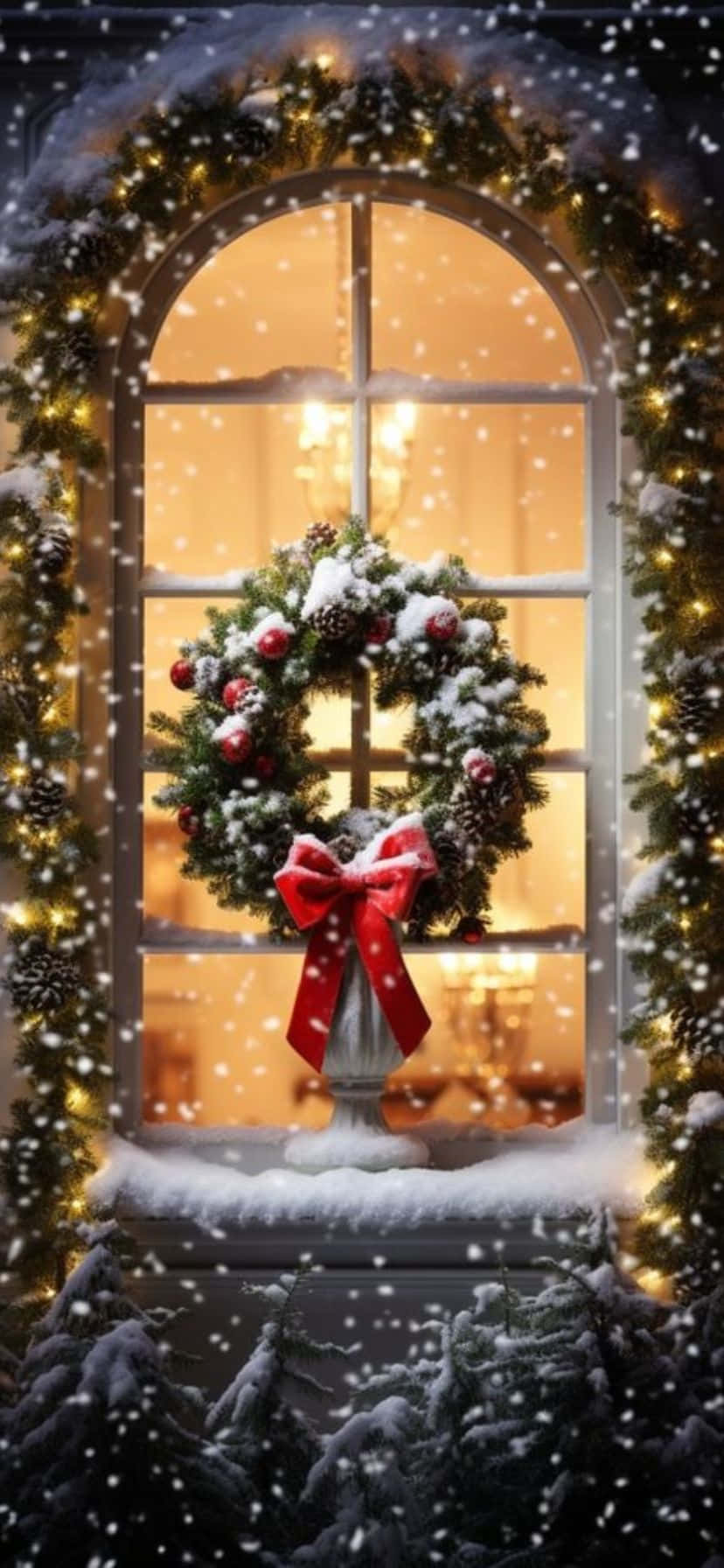 Snowy_ Christmas_ Wreath_on_ Window Wallpaper